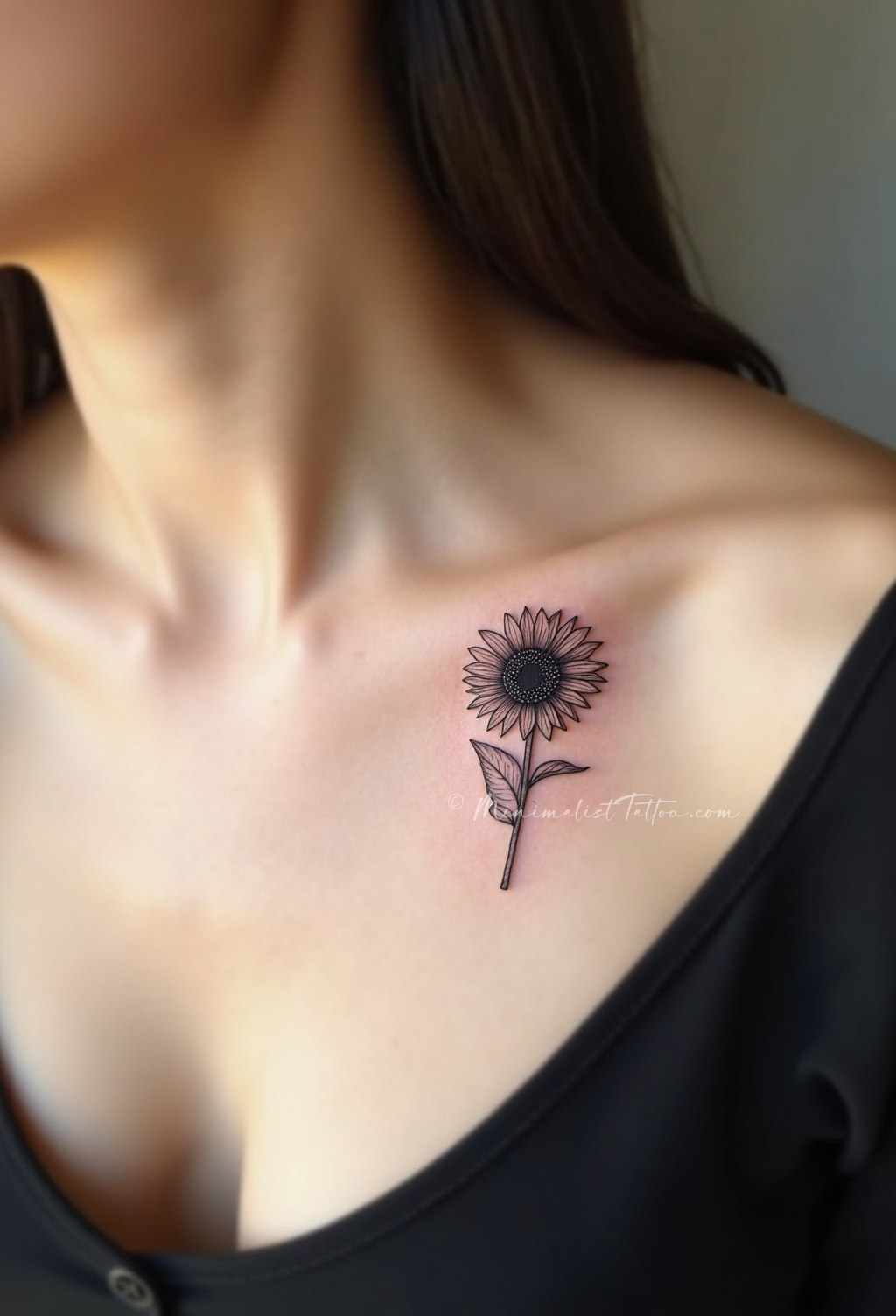 Minimalist sunflower collarbone tattoo