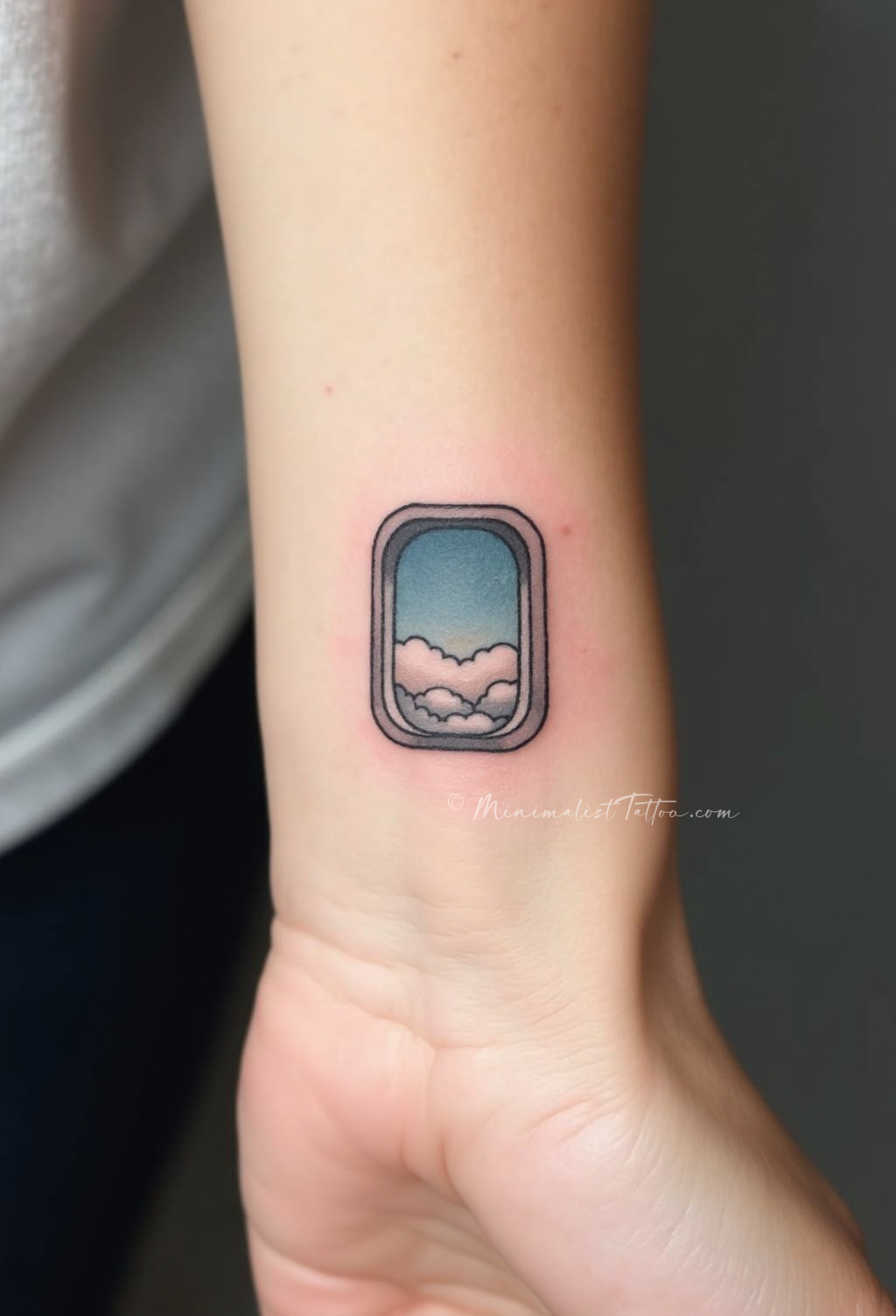 Minimalist airplane window wrist tattoo