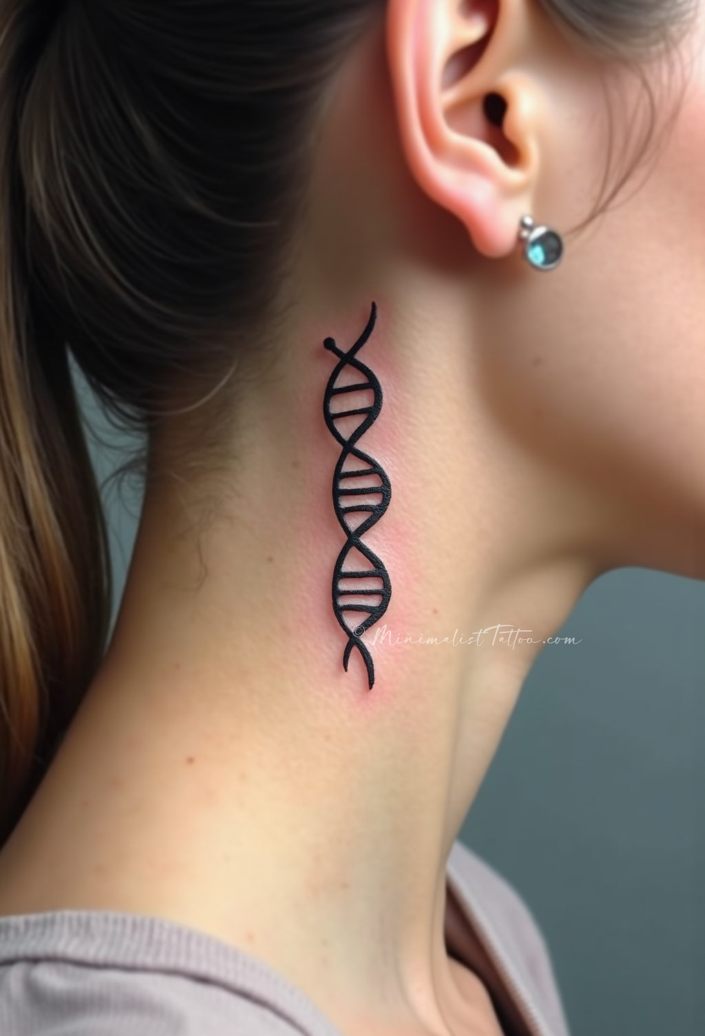 Minimalist DNA helix behind ear tattoo