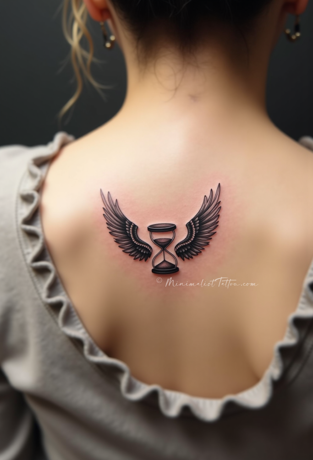Minimalist hourglass wings upper back tattoo