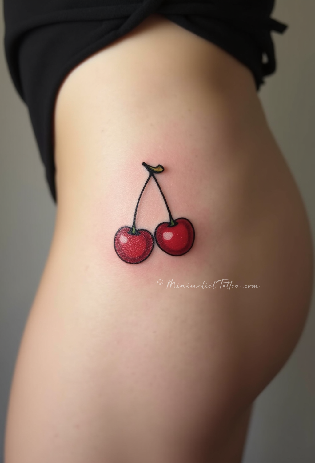 Minimalist cherries hip tattoo