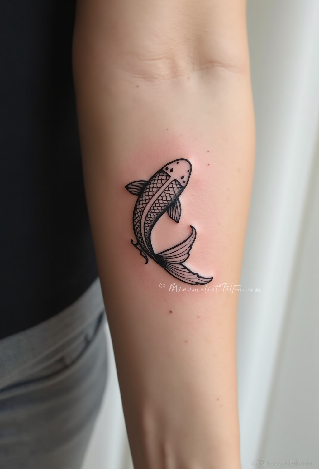 Minimalist koi fish calf tattoo