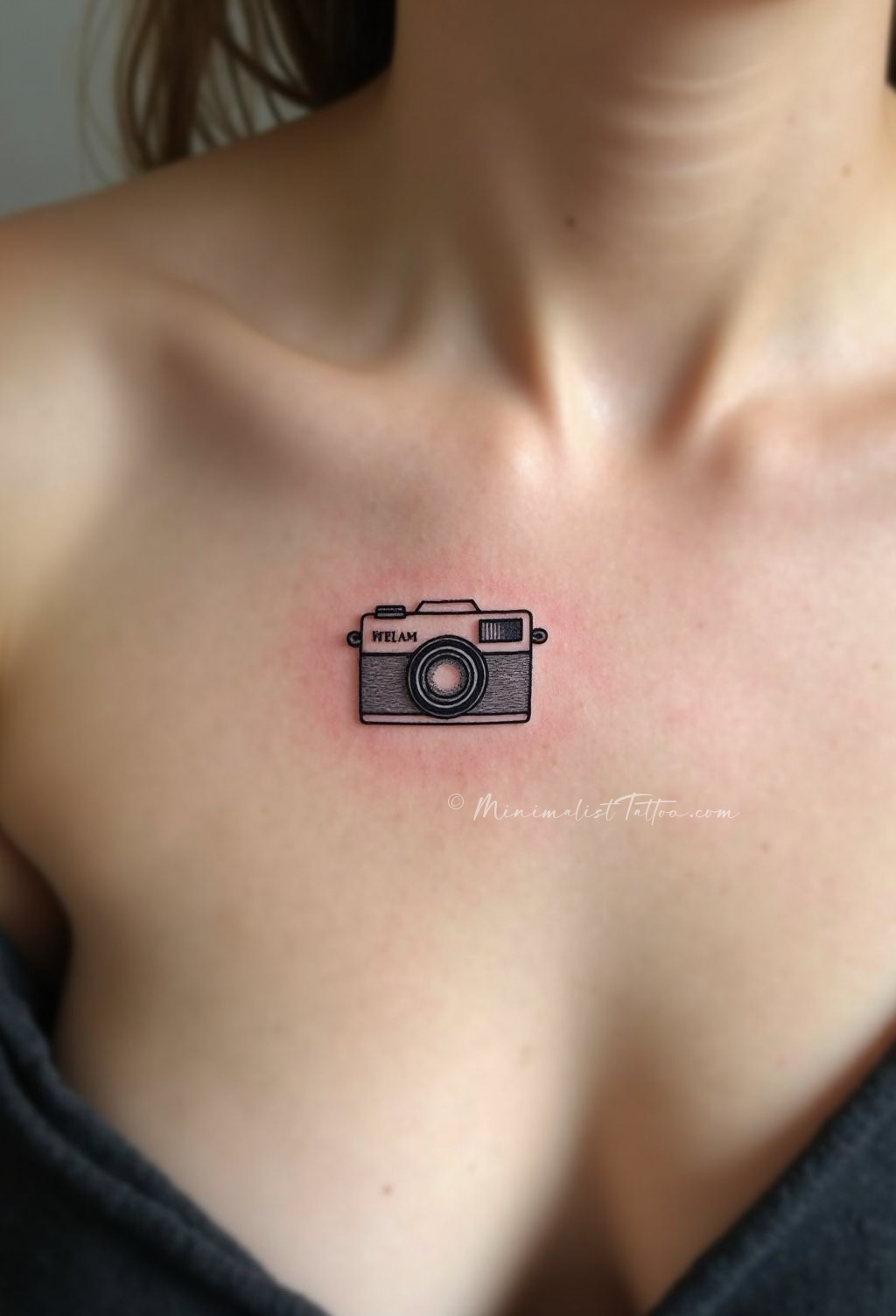 Minimalist camera collarbone tattoo