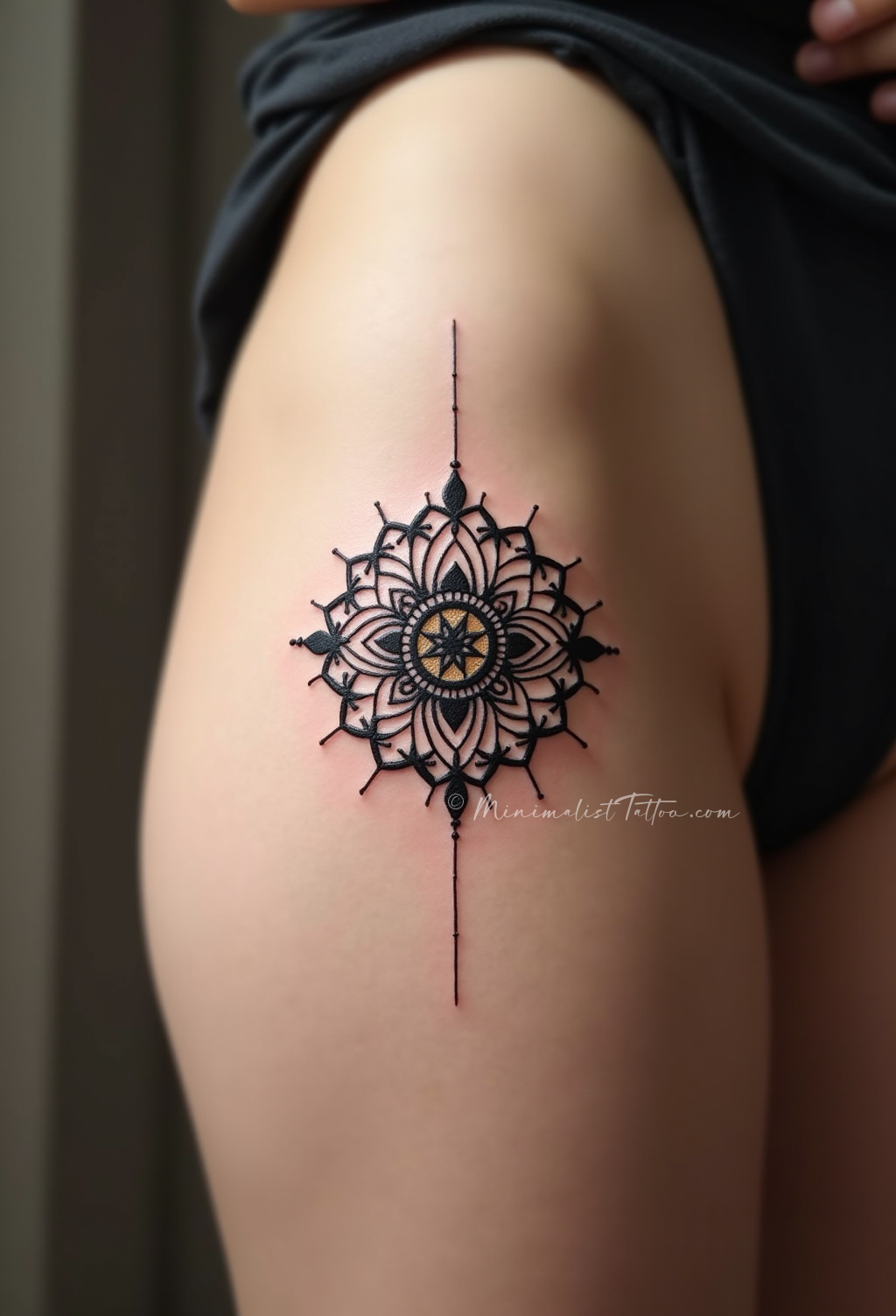 Minimalist mandala thigh tattoo
