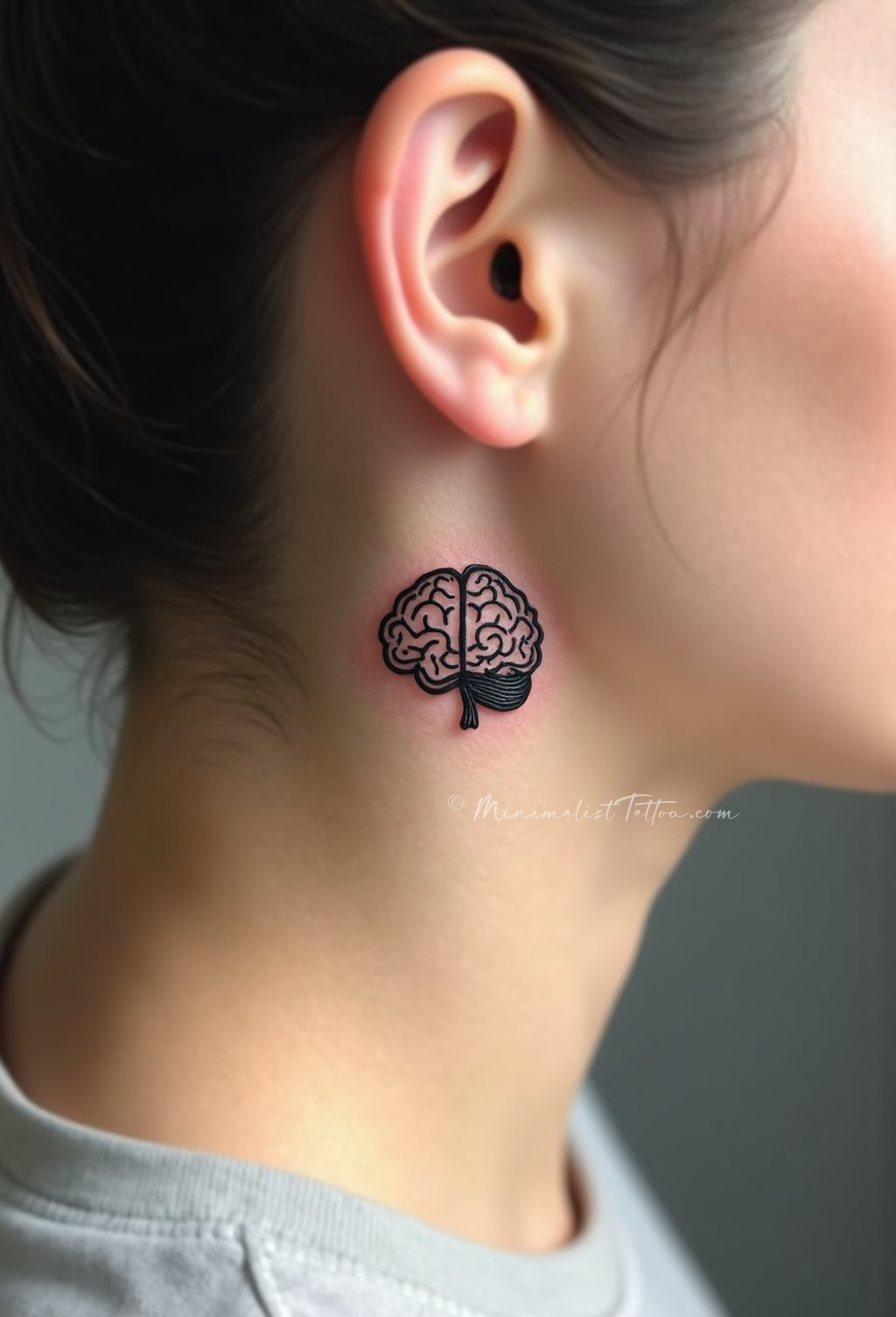 Minimalist brain behind ear tattoo