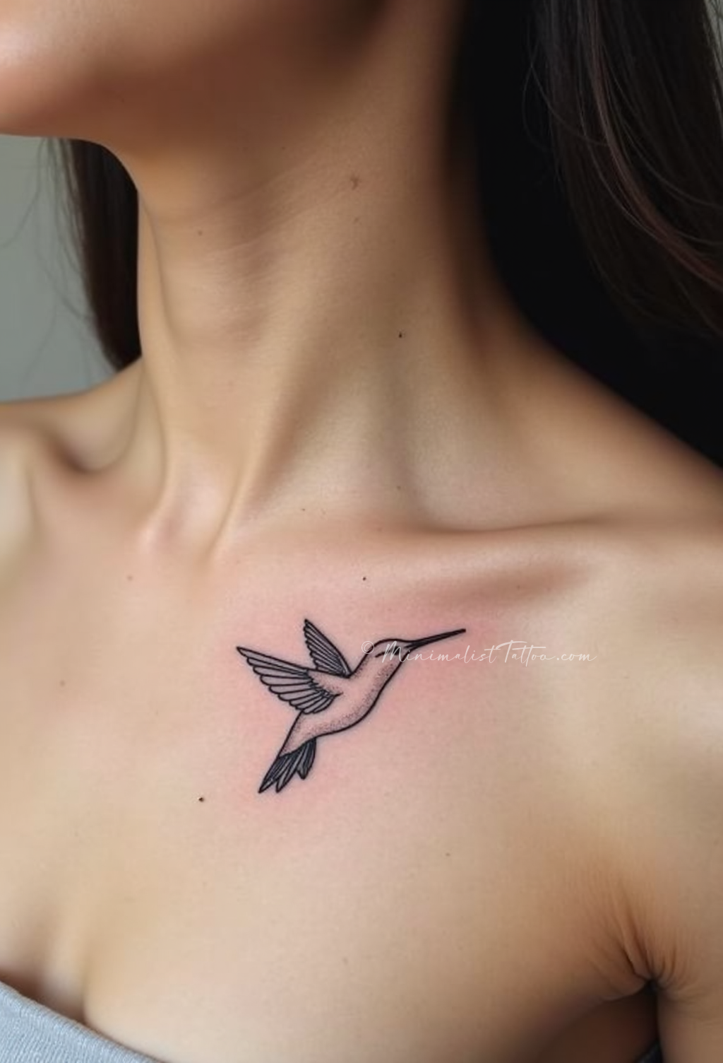 Minimalist hummingbird collarbone tattoo