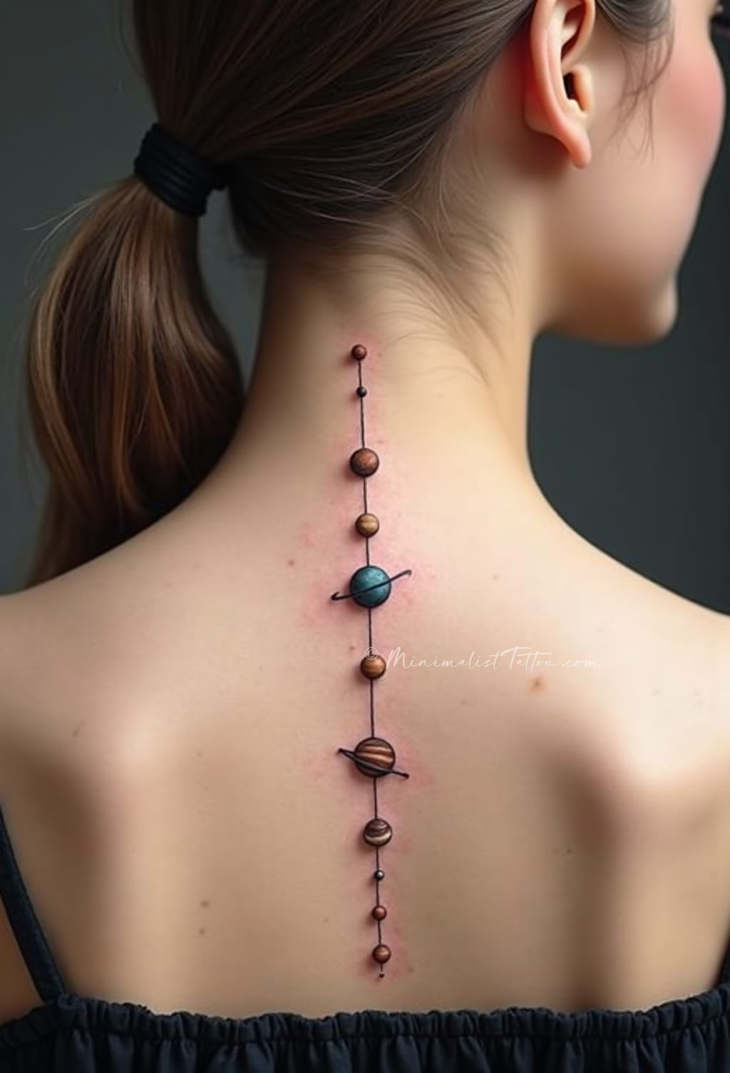 Minimalist planets spine tattoo