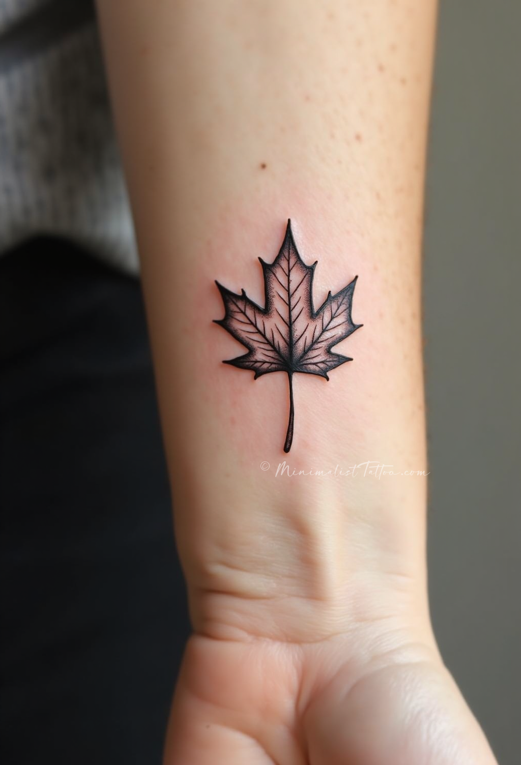 Minimalist maple leaf wrist tattoo