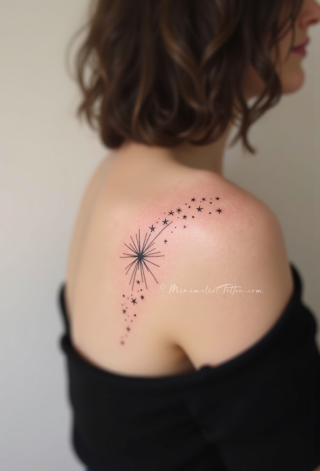 Minimalist meteor shower shoulder tattoo