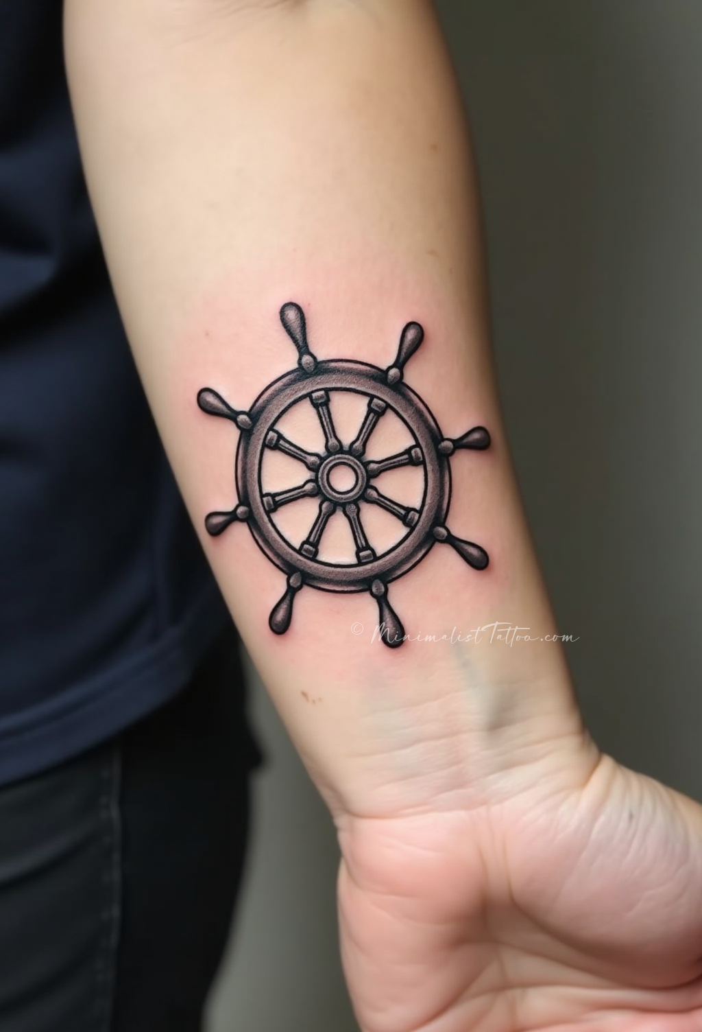 Minimalist ship wheel forearm tattoo