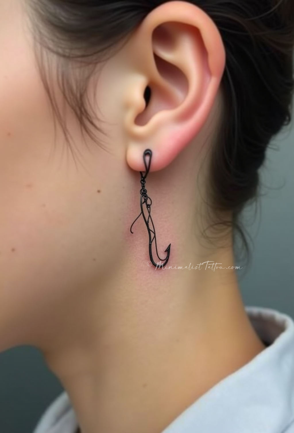 Minimalist fish hook behind ear tattoo