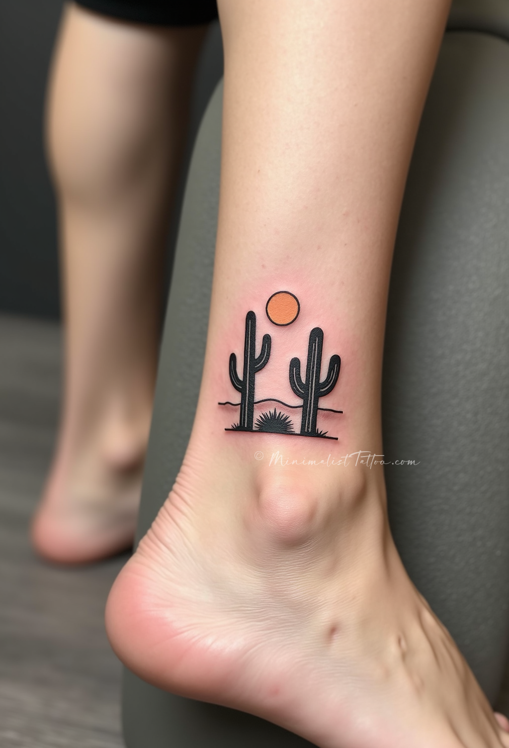 Minimalist cactus scene ankle tattoo
