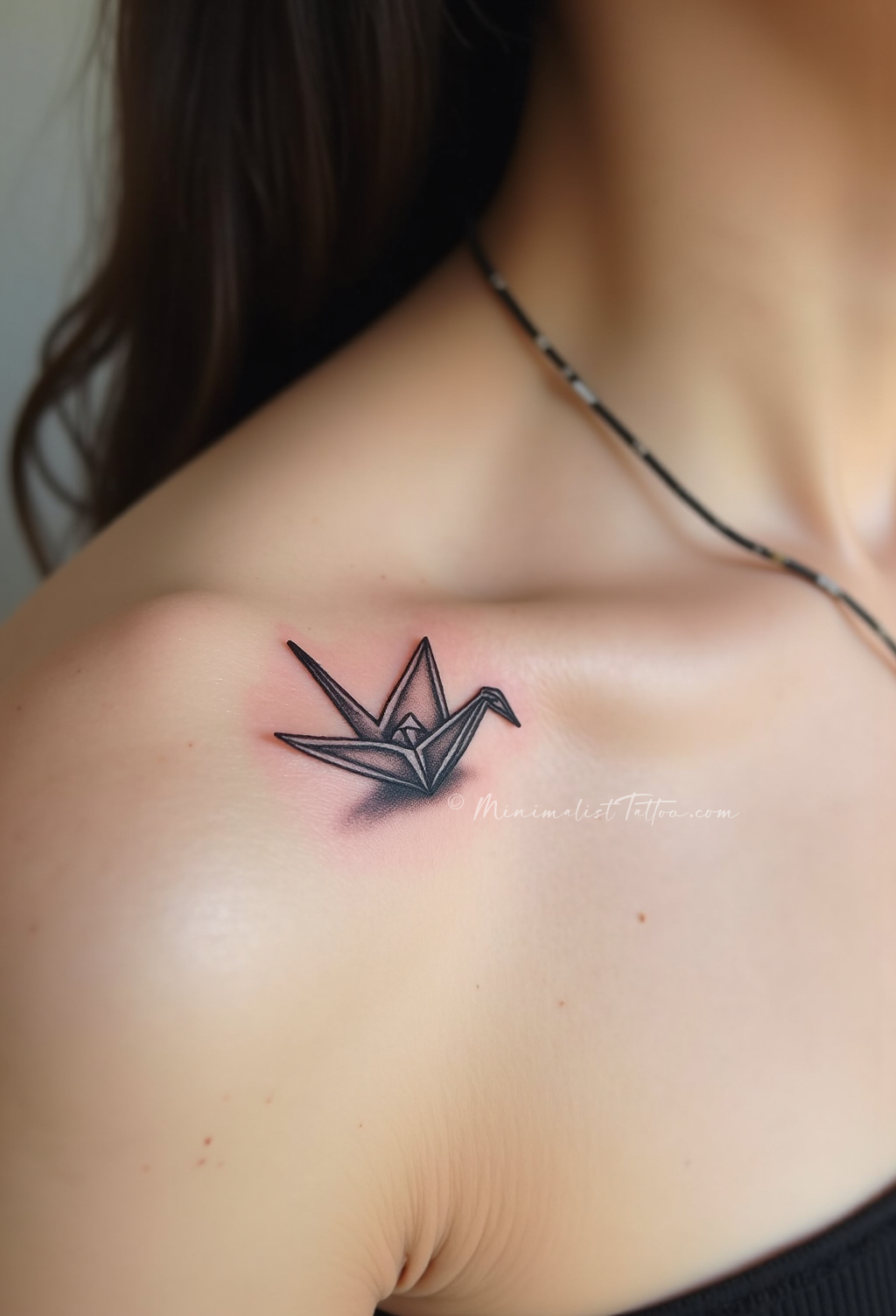 Minimalist paper crane collarbone tattoo