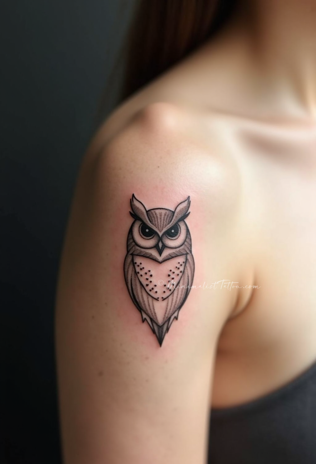 Minimalist owl shoulder tattoo