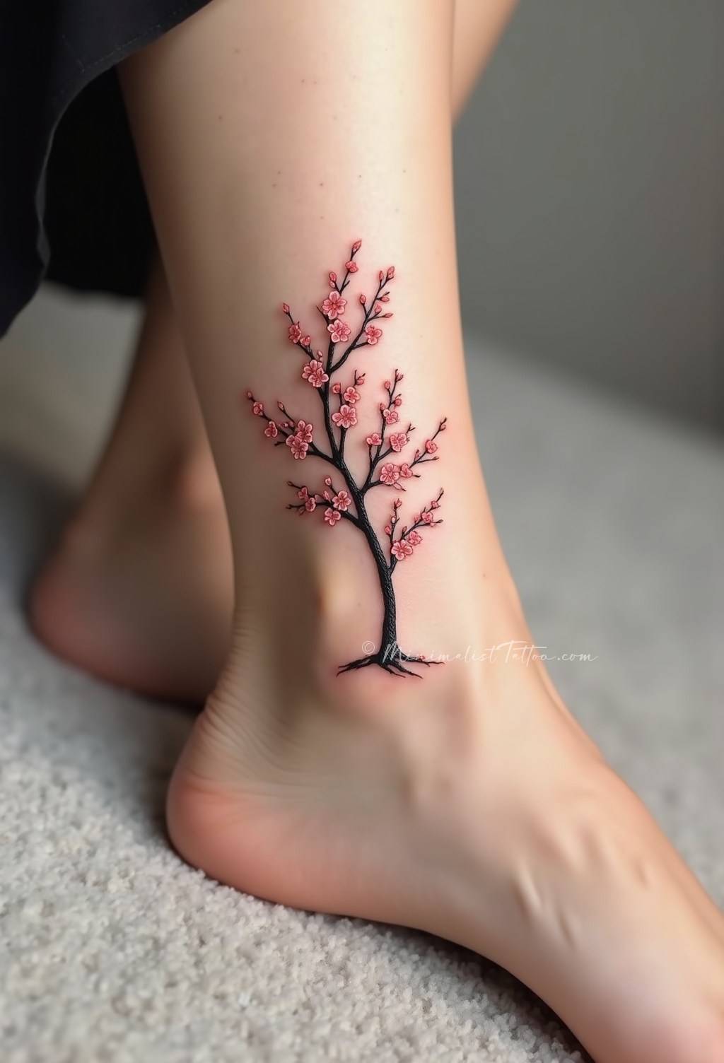 Minimalist cherry tree ankle tattoo
